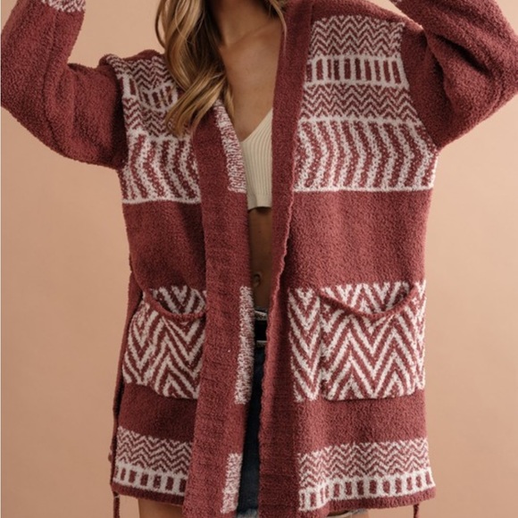 Sweaters - 82. CLEARANCE Last 1! Soft pocket Burnt Red/light burgundy Aztec belted cardigan